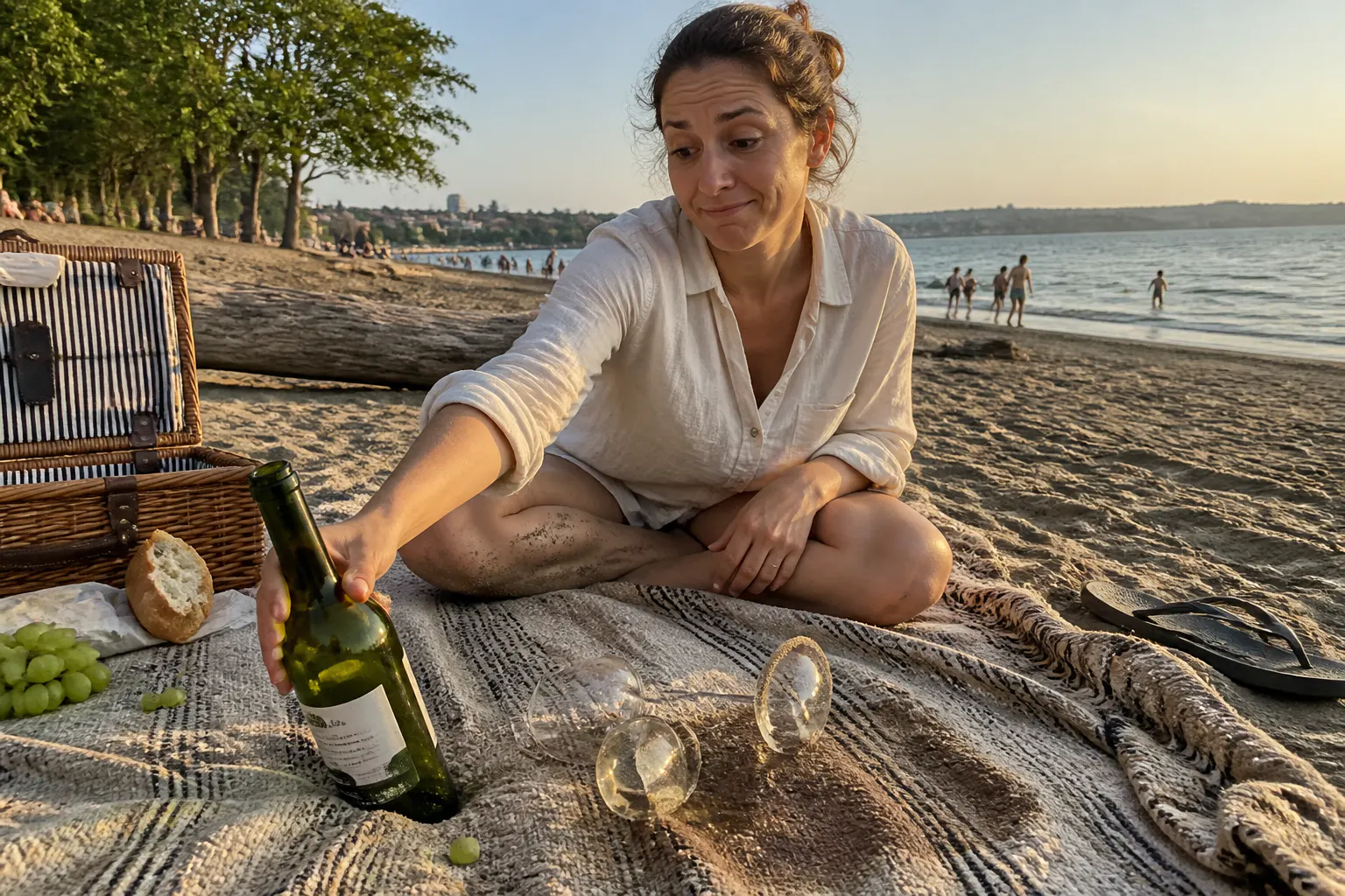 A wine bottle and glasses tipped over on a picnic blanket in the sand