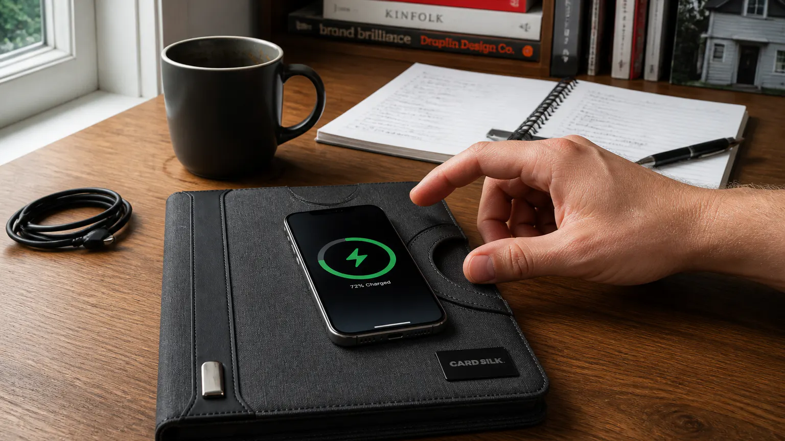 Close macro of the wireless charging panel with a phone resting on it