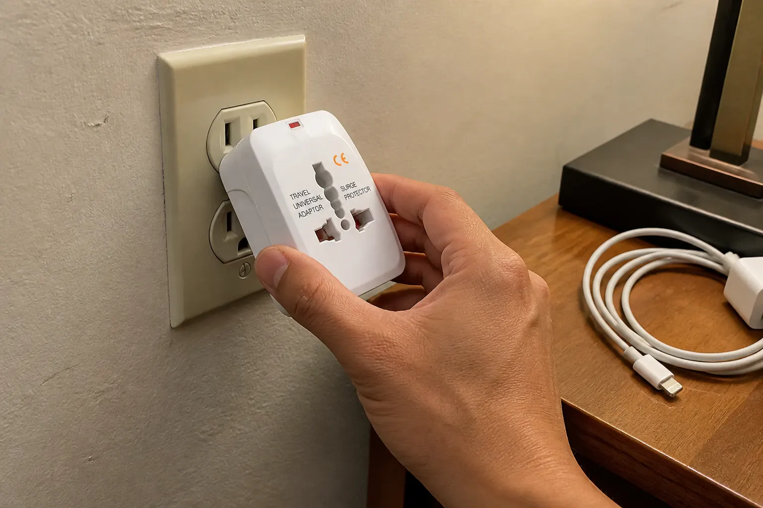 A generic travel adapter sagging half out of a loose wall outlet