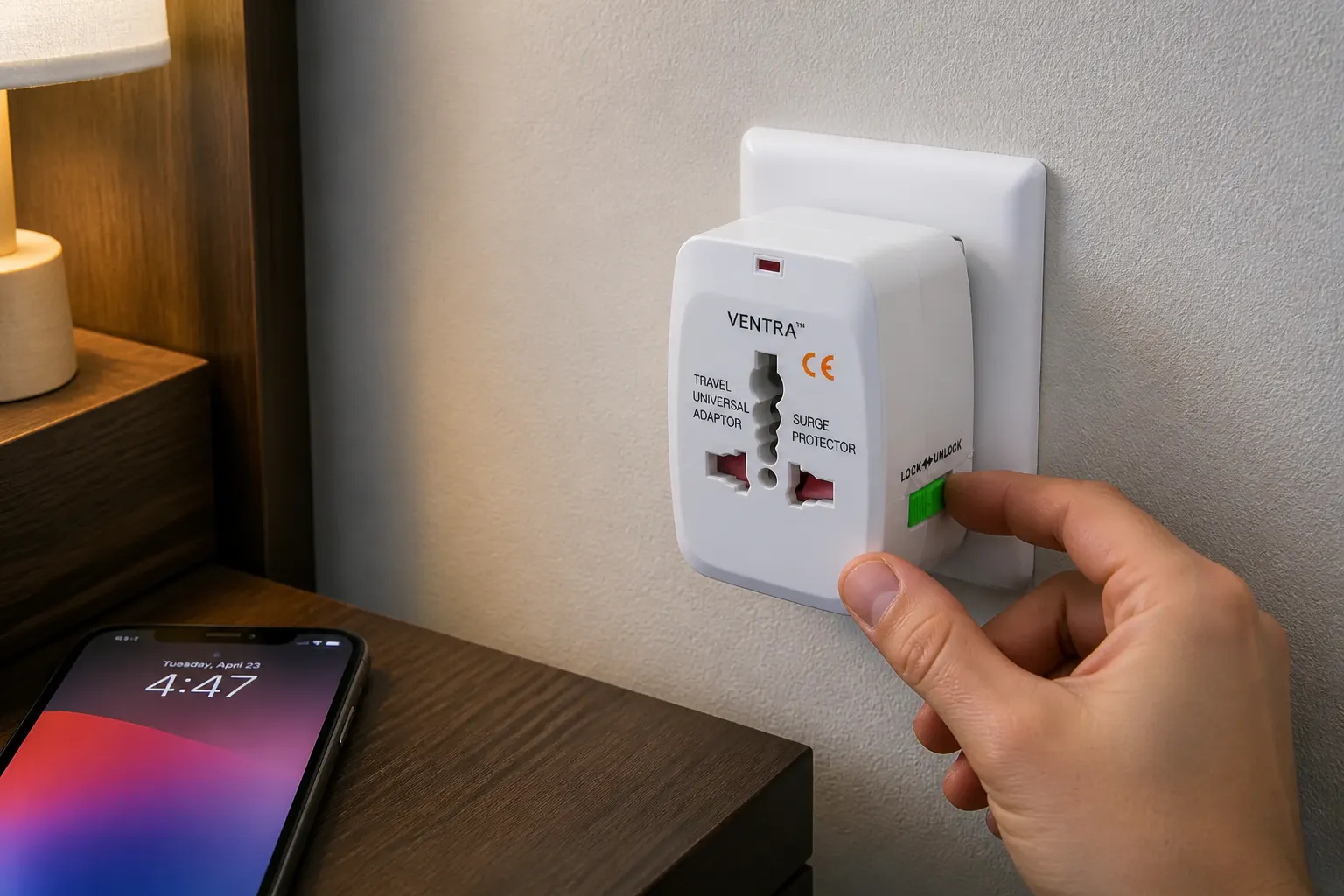 Ventra adapter clicked and locked, sitting flush and secure in the outlet