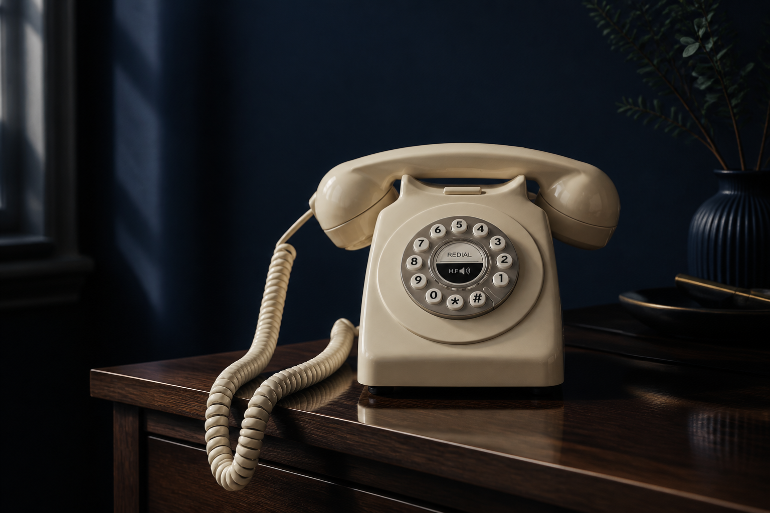 Ventra retro Bluetooth telephone styled in a warm room at dusk