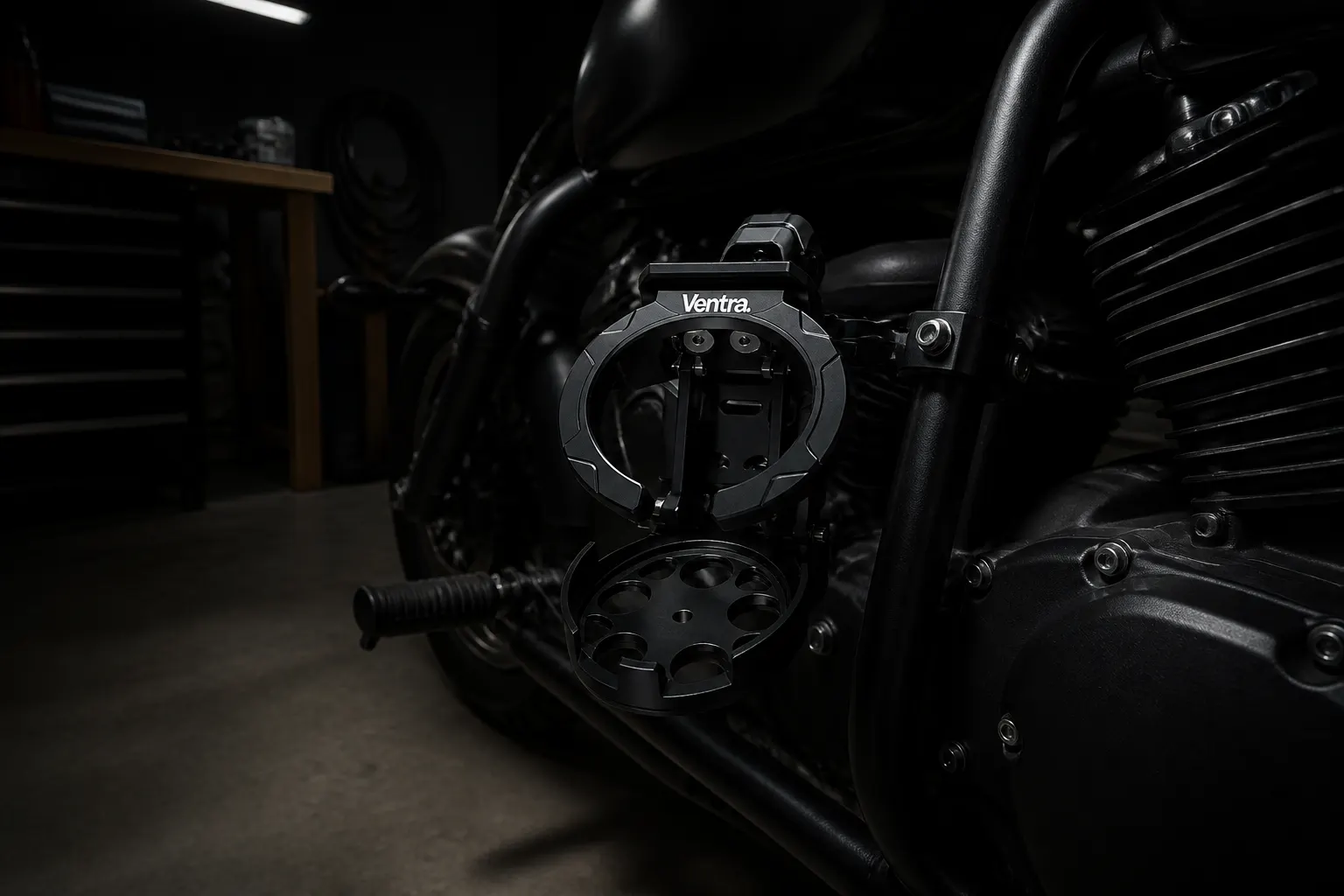 The aluminum cup holder mounted on a motorcycle at dusk