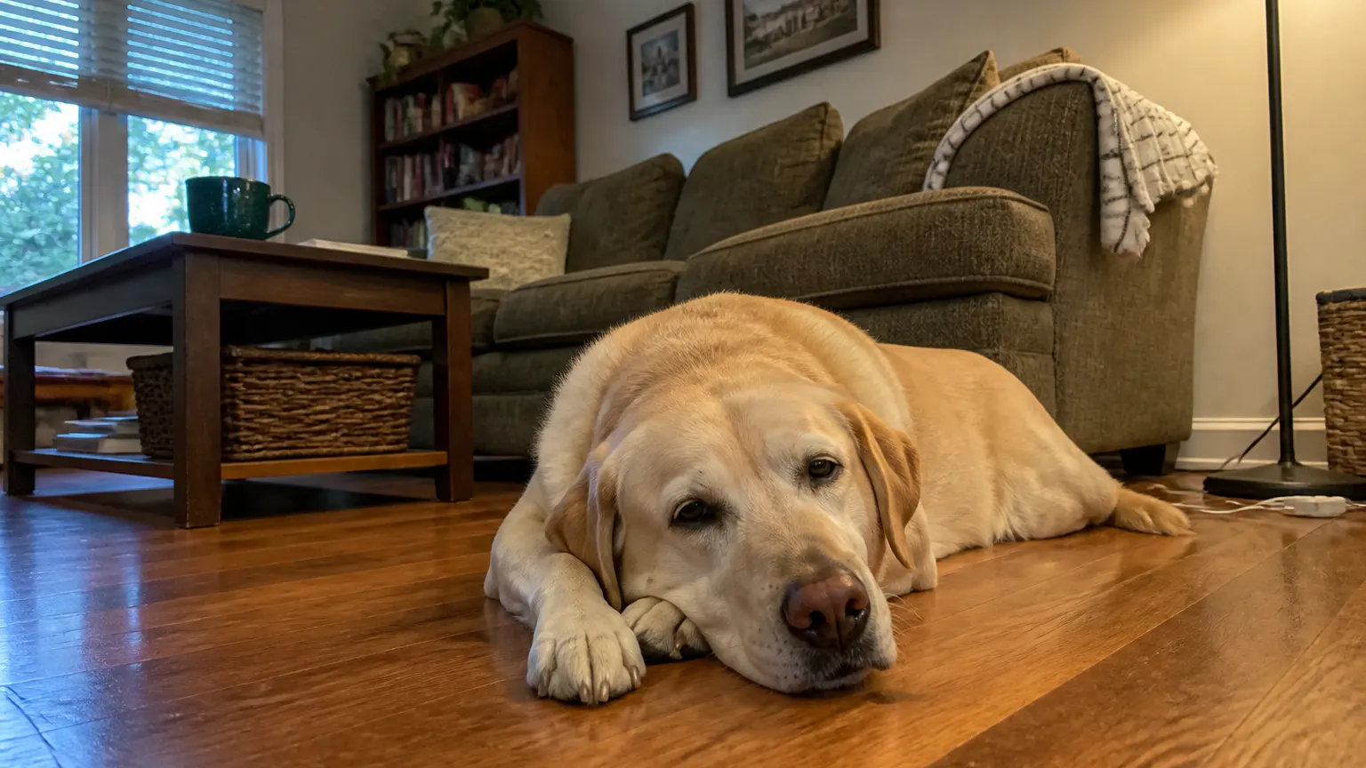 A calm, relaxed dog at home after an easy nail routine