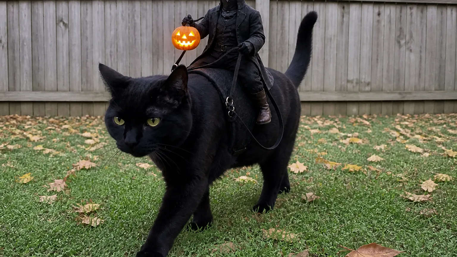 Cat walking in profile with the headless rider upright and the jack-o'-lantern glowing