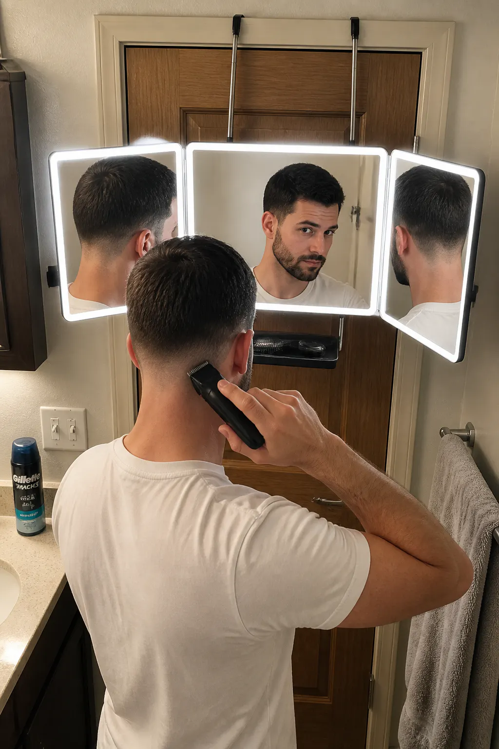 Over-the-shoulder view of the illuminated side panel reflecting a crisp lined-up back of the head