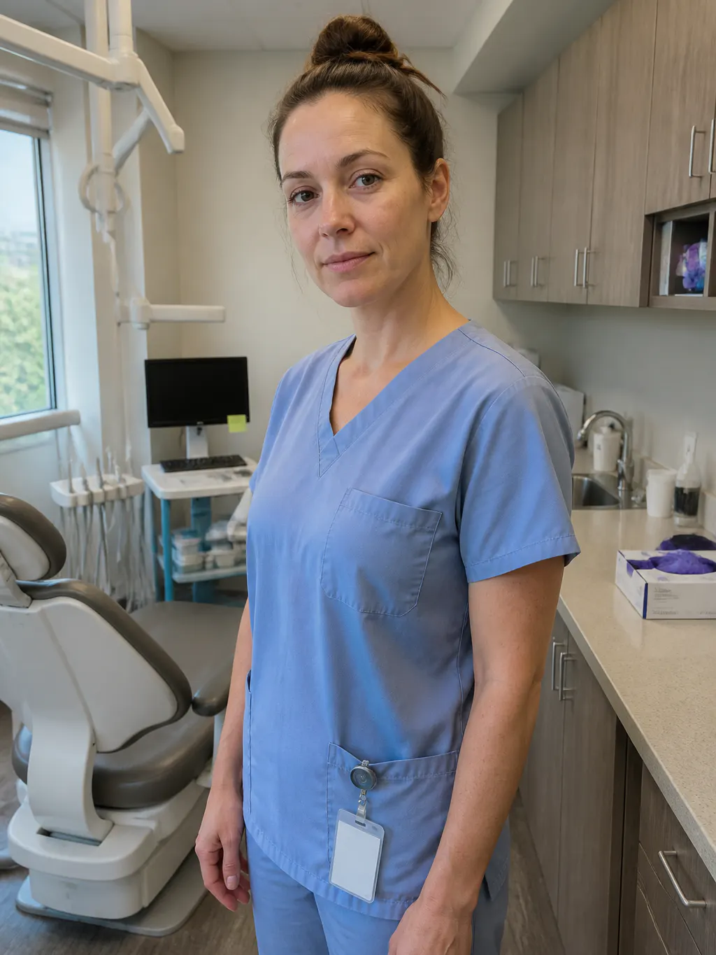Dental professional in a clinical operatory presenting the toothbrush