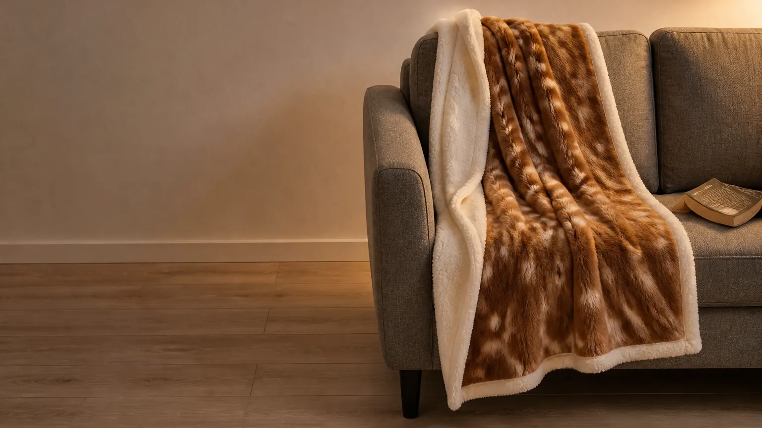 The same lamp-lit sofa from the top of the page with the CabinThrow alone on the sofa back