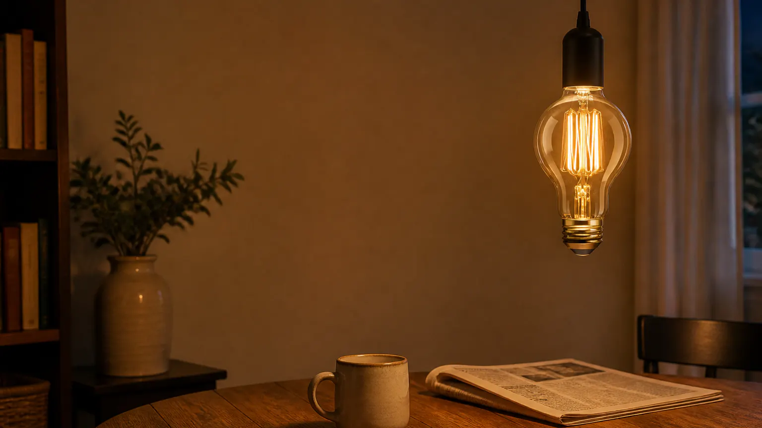 A living room glowing in deep amber light from the Vintage Edison bulb