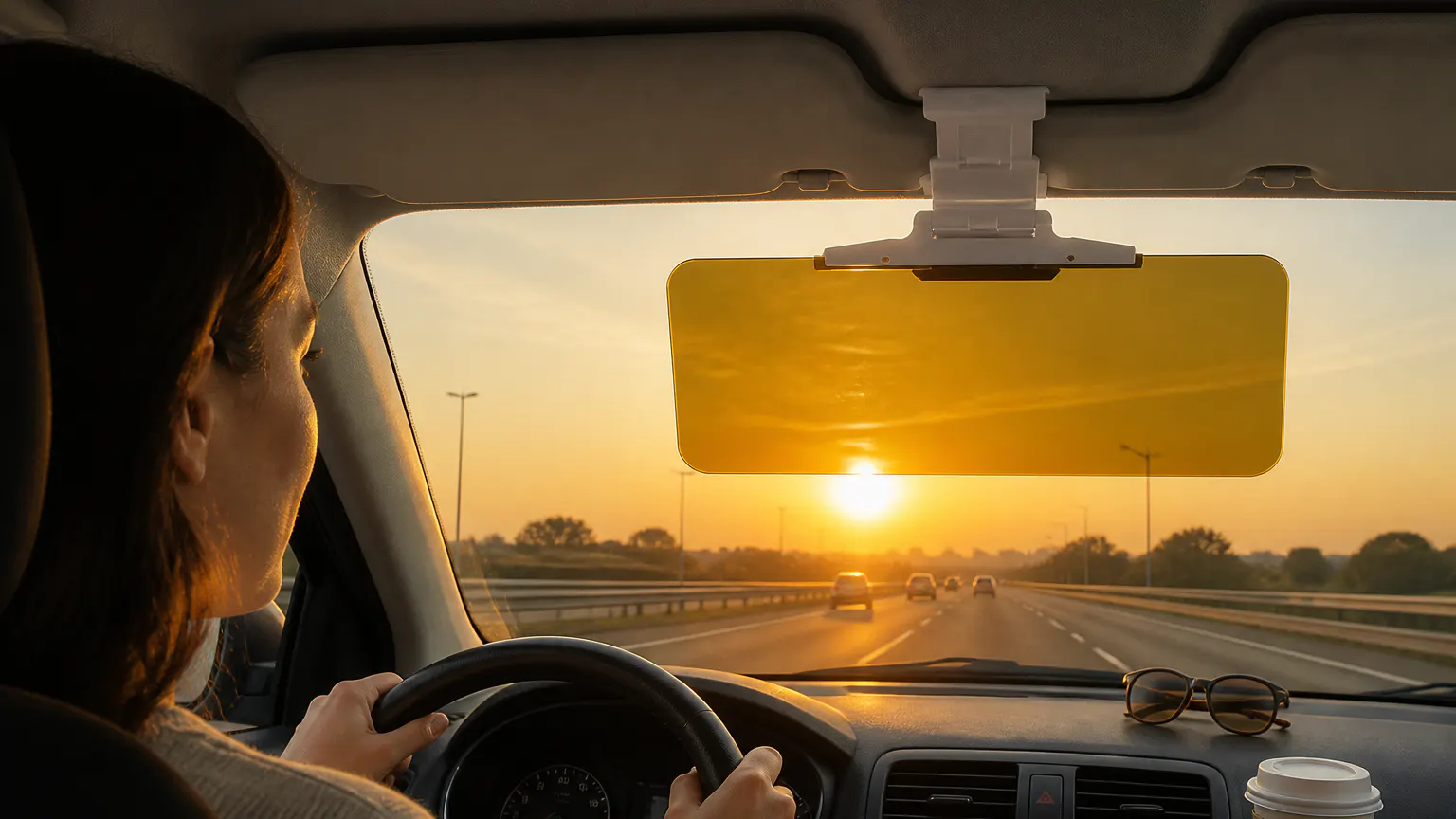 Calm driver view through the windshield with the polarized anti-glare panel down