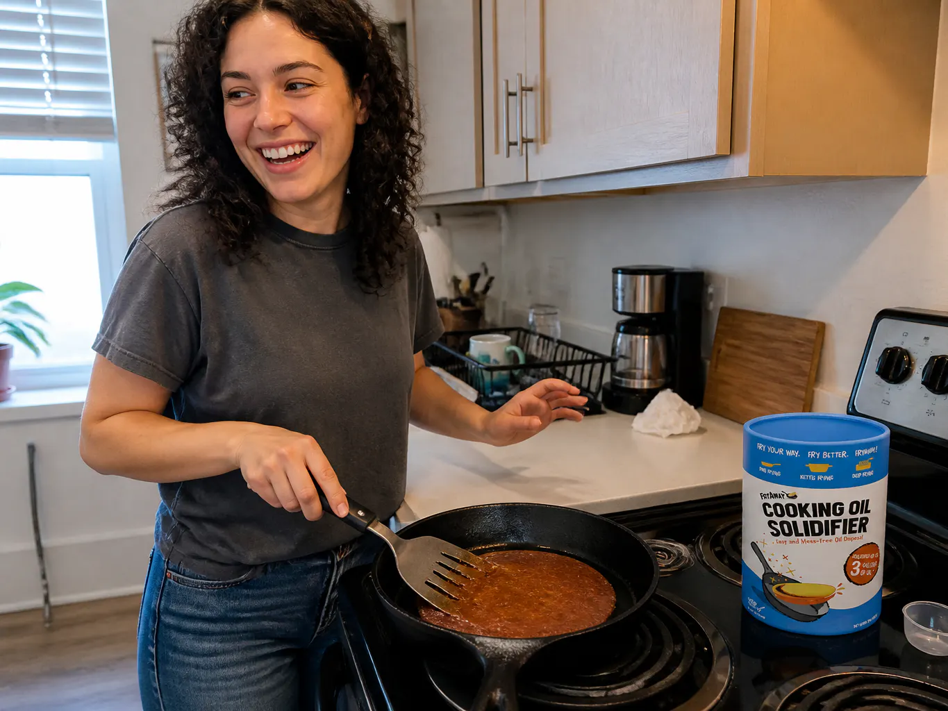 A solid caramel-colored disc of oil balanced on a spatula over an open kitchen bin