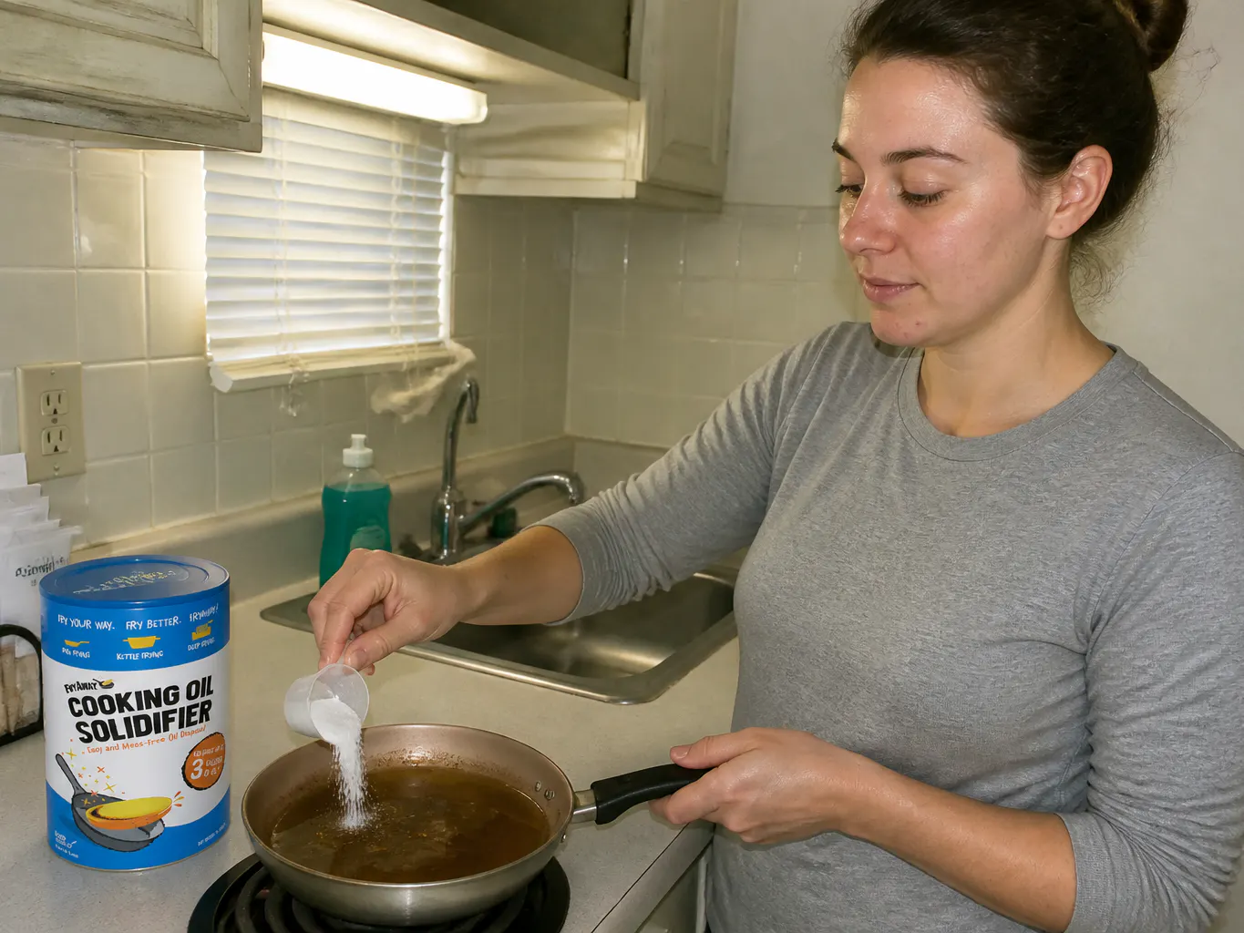 Hands using a knife to cut a solid block of used cooking oil into pieces inside a Dutch oven