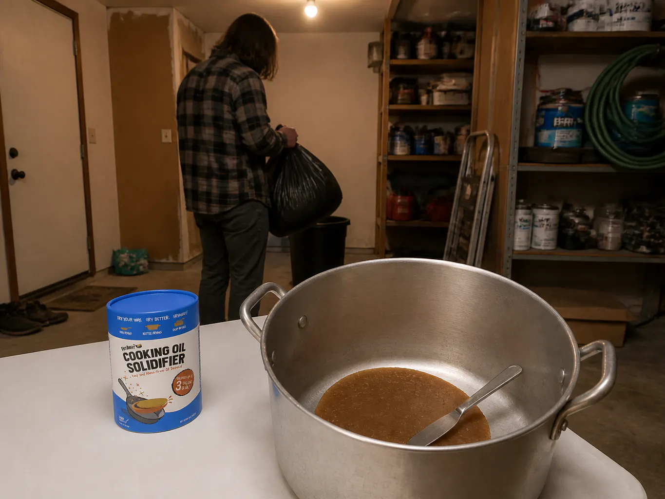 The kraft cardboard GreaseLock tub standing on a small apartment kitchen counter beside a pan
