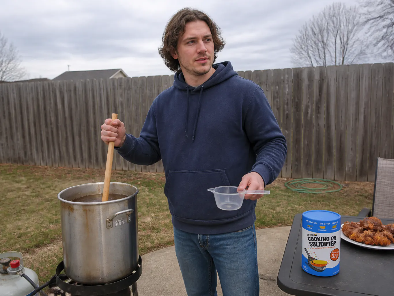 An outdoor turkey fryer pot with several solid blocks of used oil lifted out onto newspaper