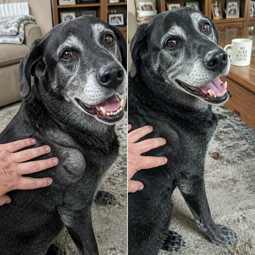 Before and after of a dog's lump area after daily Ventra