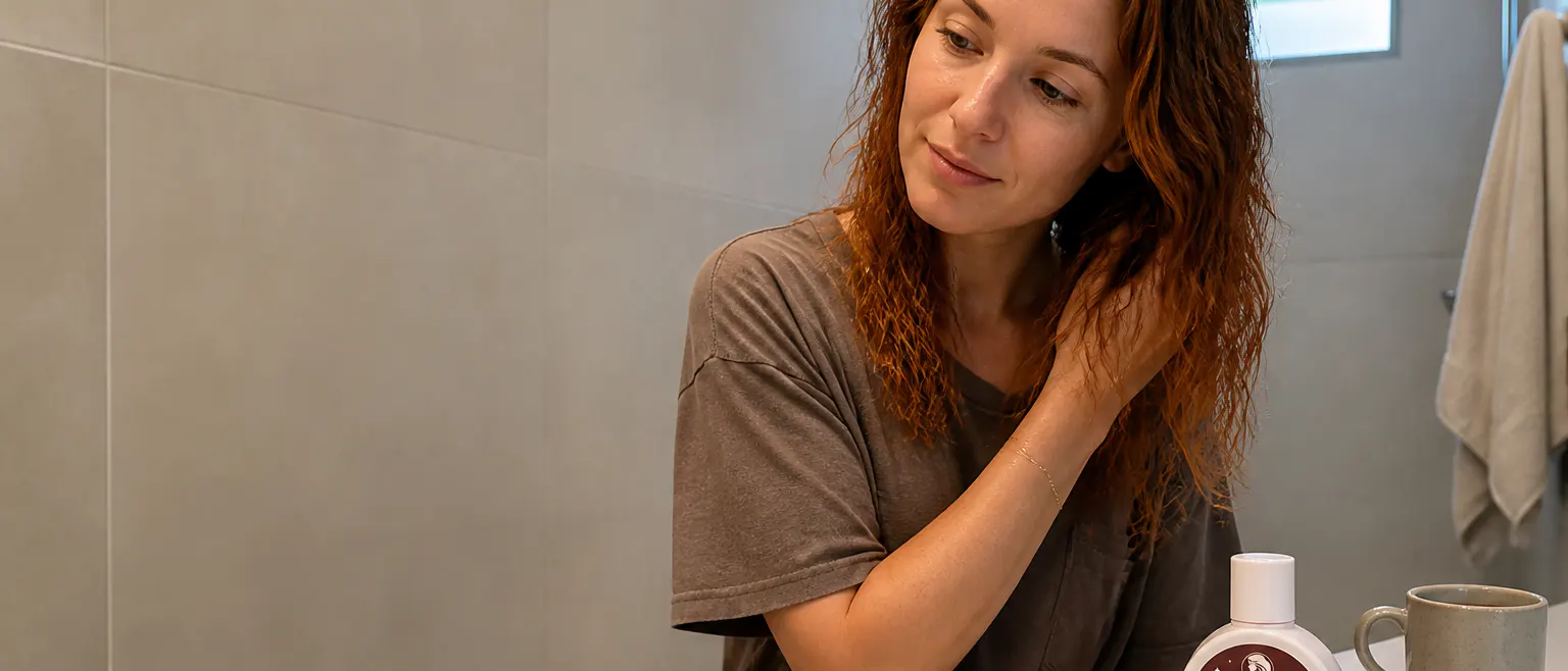 Woman air-drying glossy copper hair at a real bathroom mirror