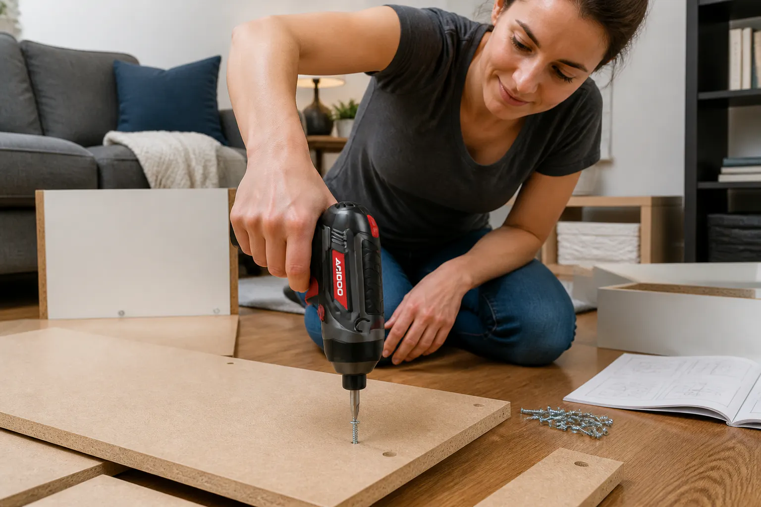 A fresh screw driven flush into a furniture panel by the Ventra screwdriver