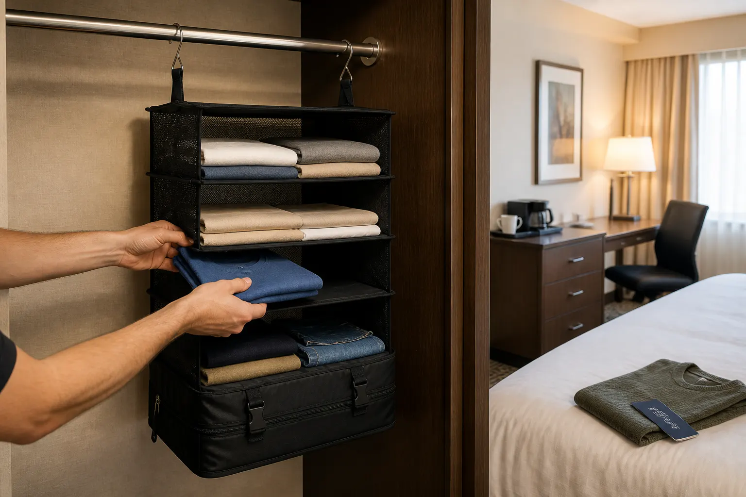 Three open mesh shelf tiers loaded with folded clothes, all visible at once
