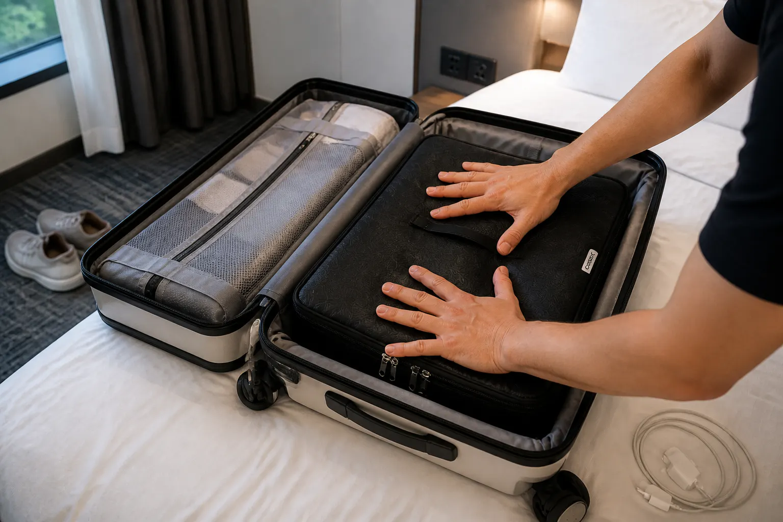 The organizer folded flat into a thin rectangle and durable reinforced stitching close-up