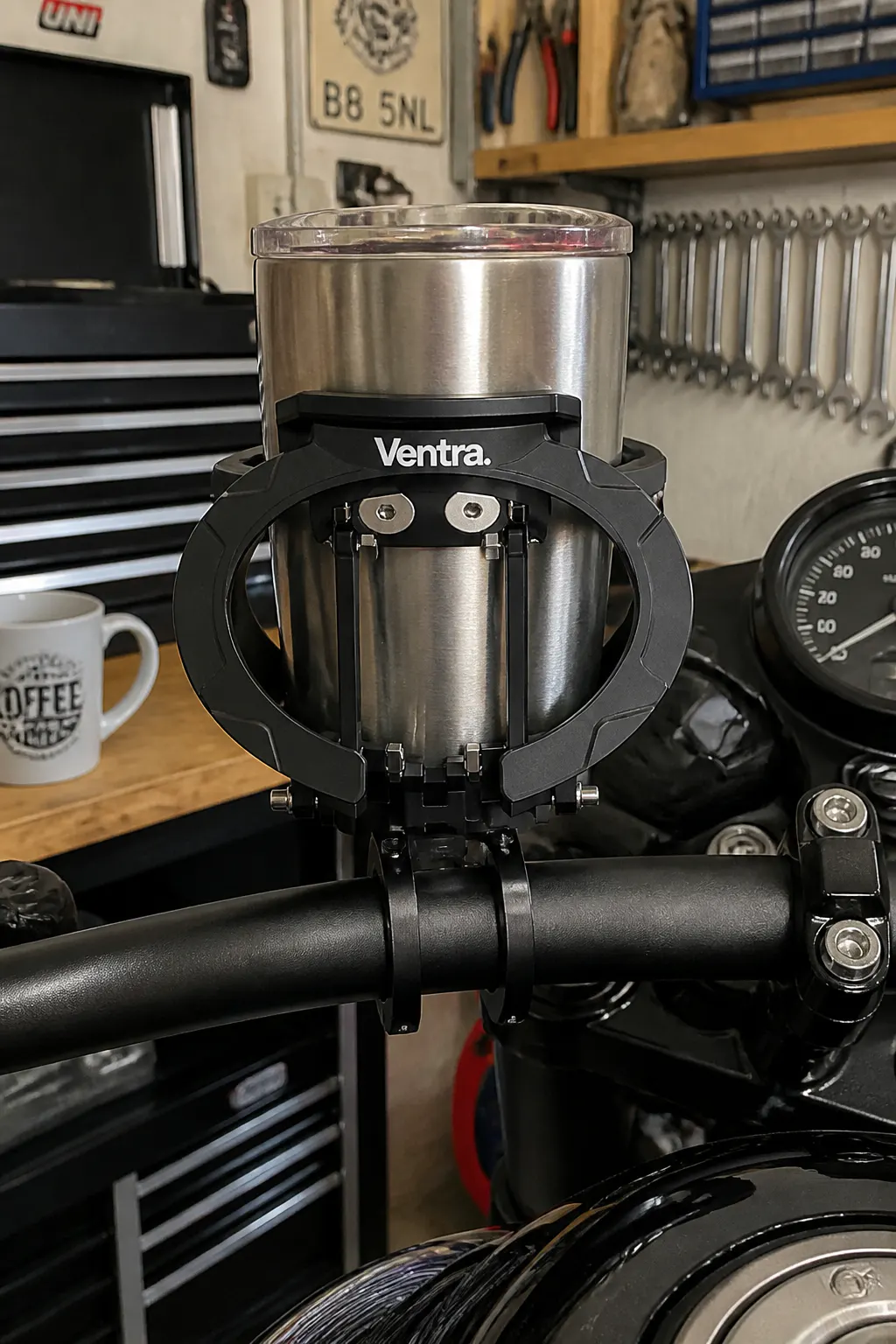 Ventra machined aluminum cup holder locked tight with a full tumbler upright