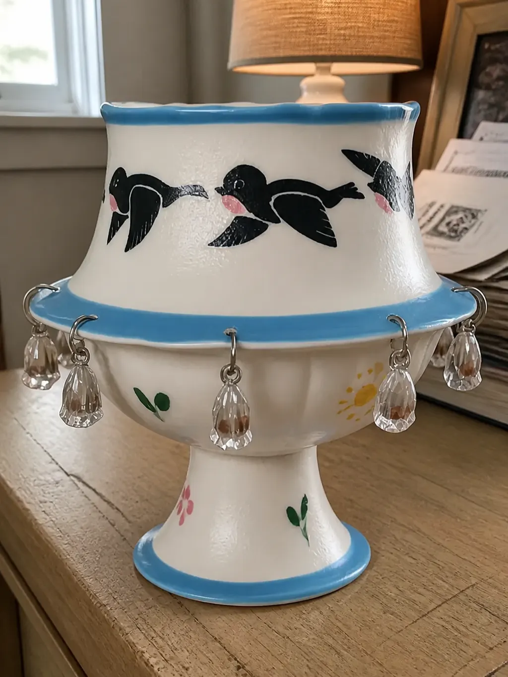 Macro close-up of hand-painted brushwork on the ceramic bird motif