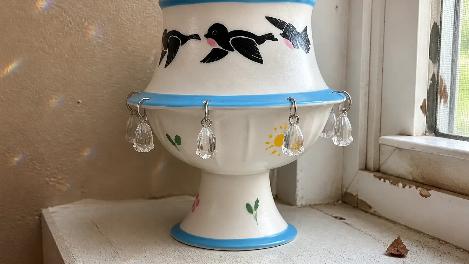 A faceted crystal teardrop hanging from the rim, catching light