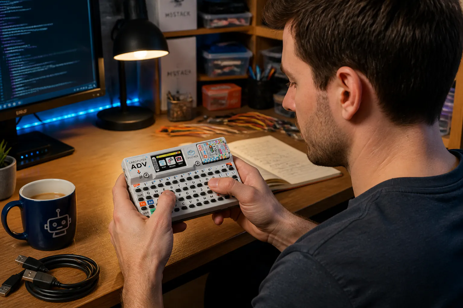 The Pocket Hacker Deck held in two hands on a night-lit maker desk