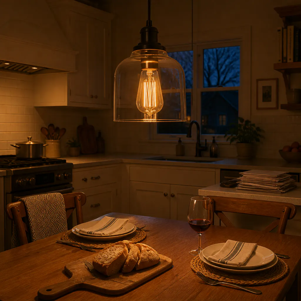 Marcus's pendant lights glowing amber over the dining table