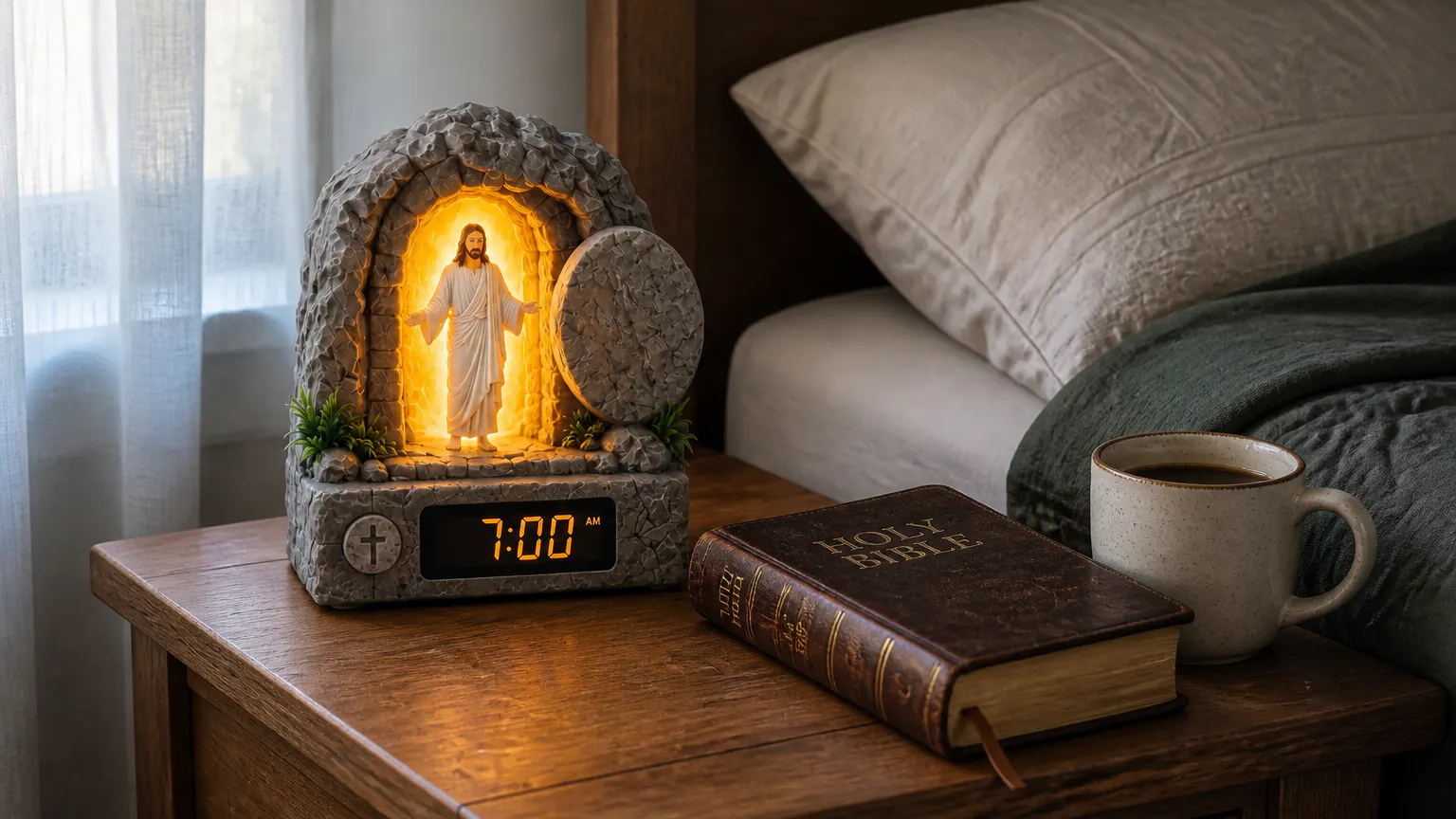 The glowing resurrection tomb on a nightstand at first light