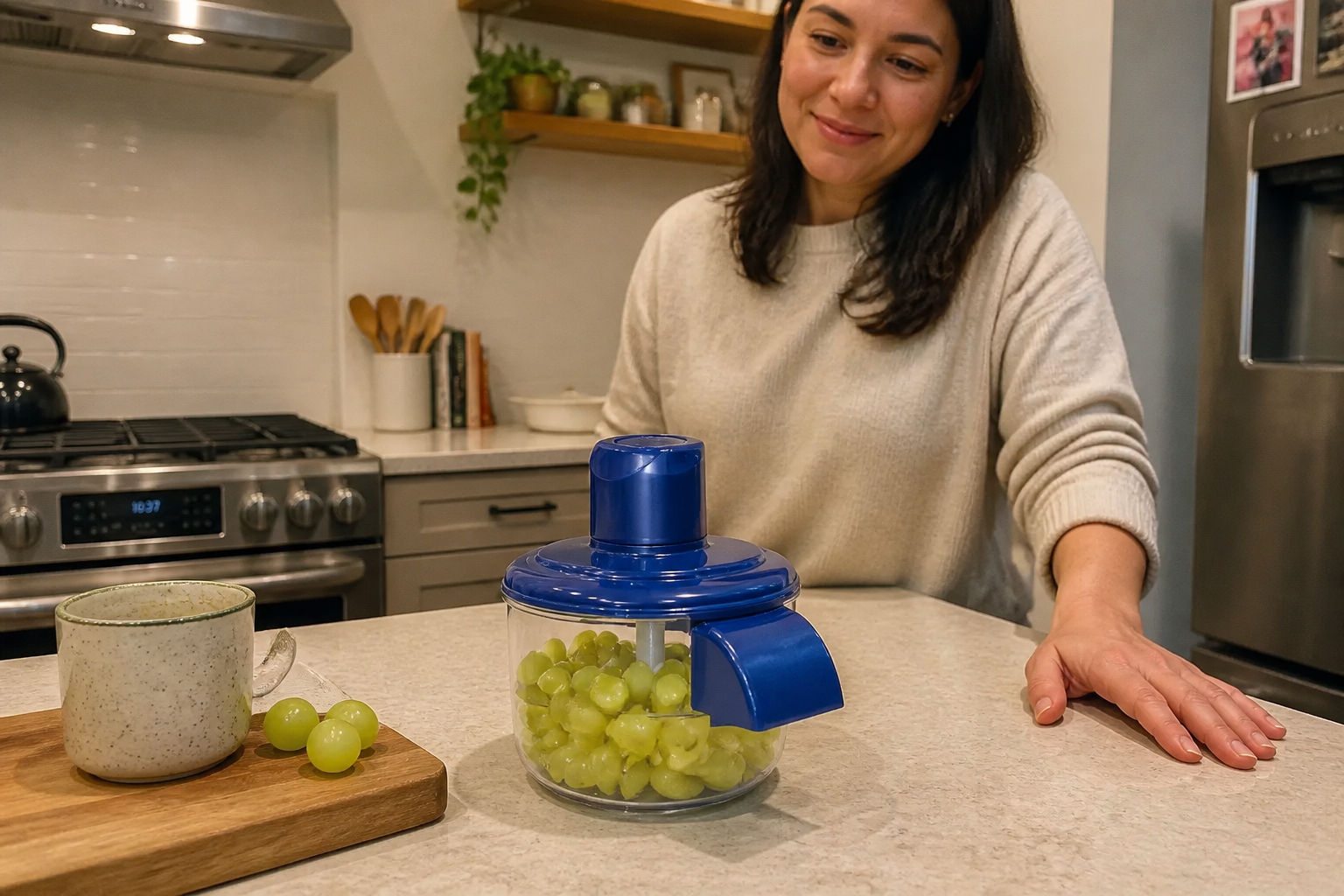 The Automatic Fruit Peeler on a kitchen counter with a bowl of peeled fruit