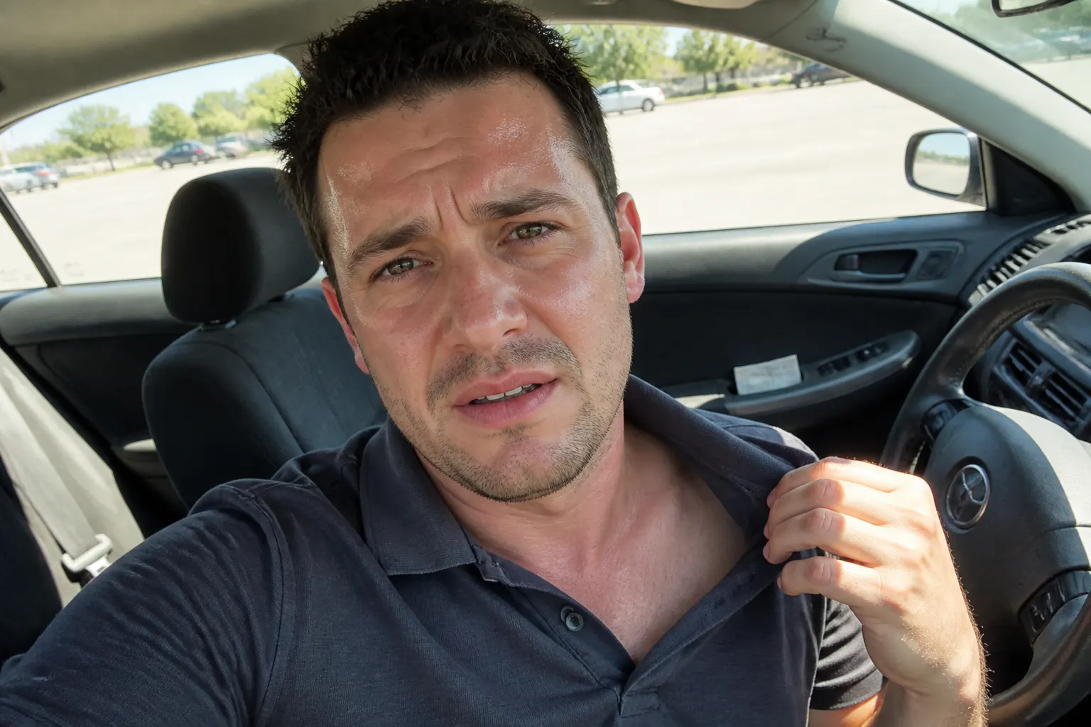 Driver recoiling from a scorching hot steering wheel in a baking car cabin