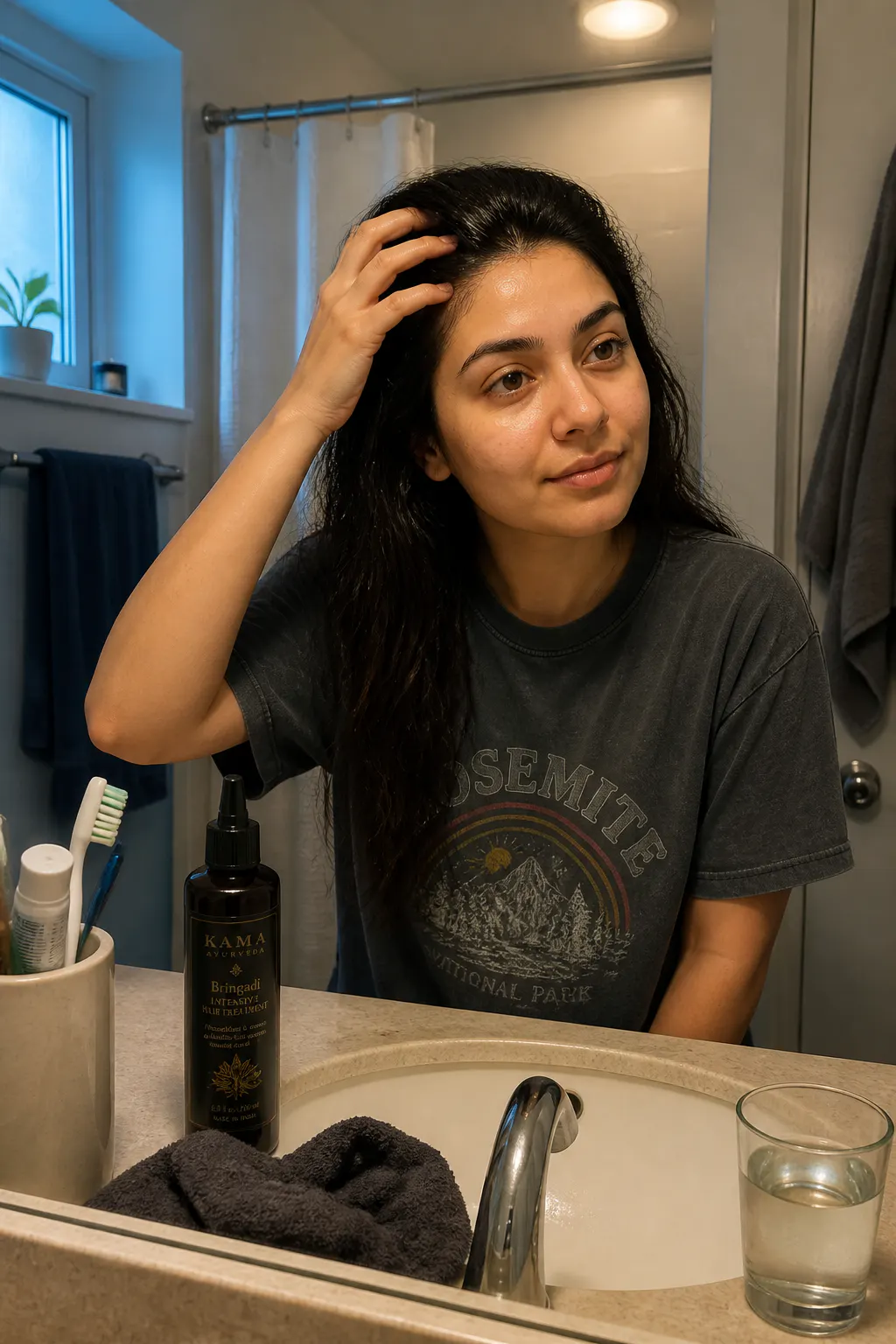 Calm bathroom vanity moment combing oil into scalp