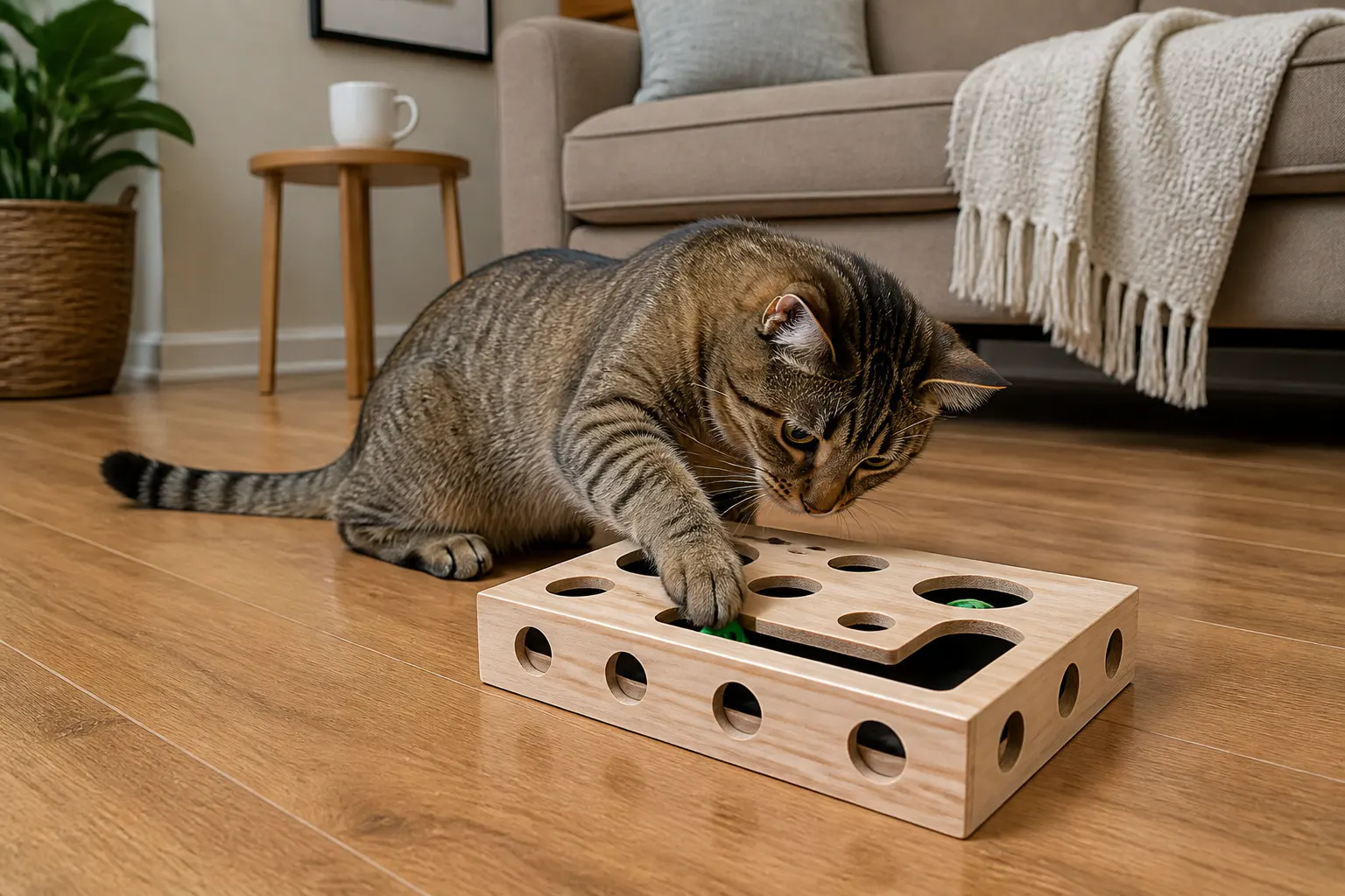 Cat happily batting the wooden maze toy at home