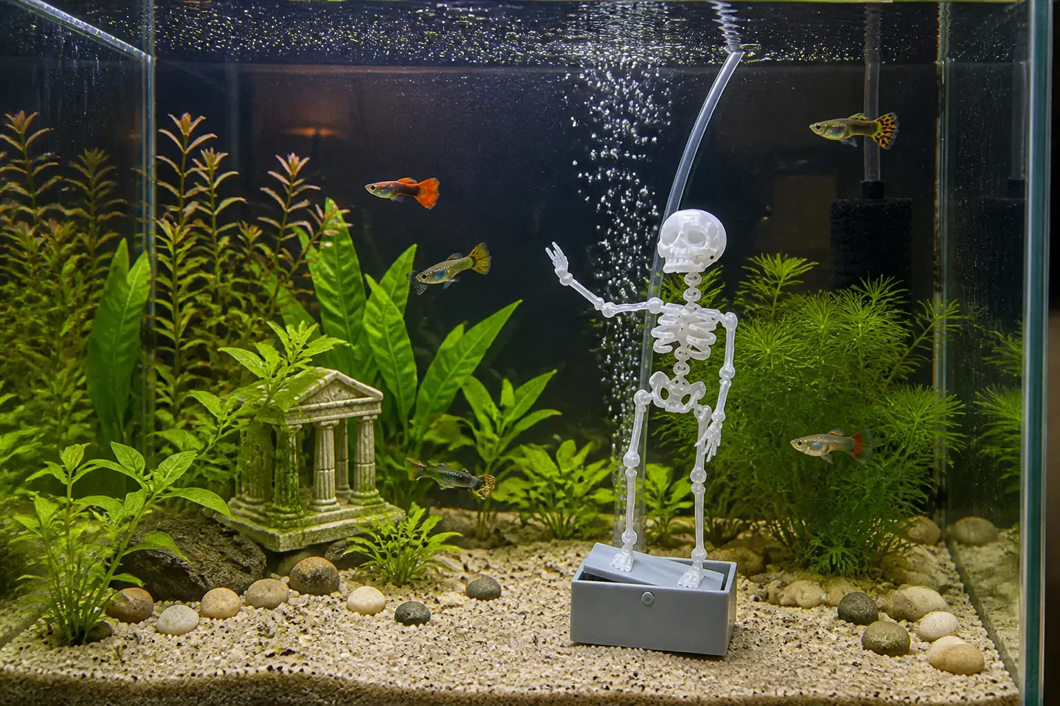Dancing skeleton swaying in an aquarium with rising bubbles