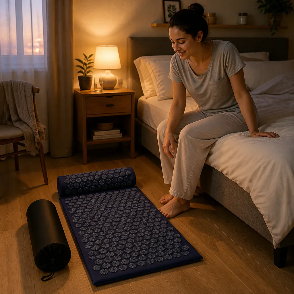 SpikeRest acupressure mat and pillow laid out at the foot of a bed in warm evening light
