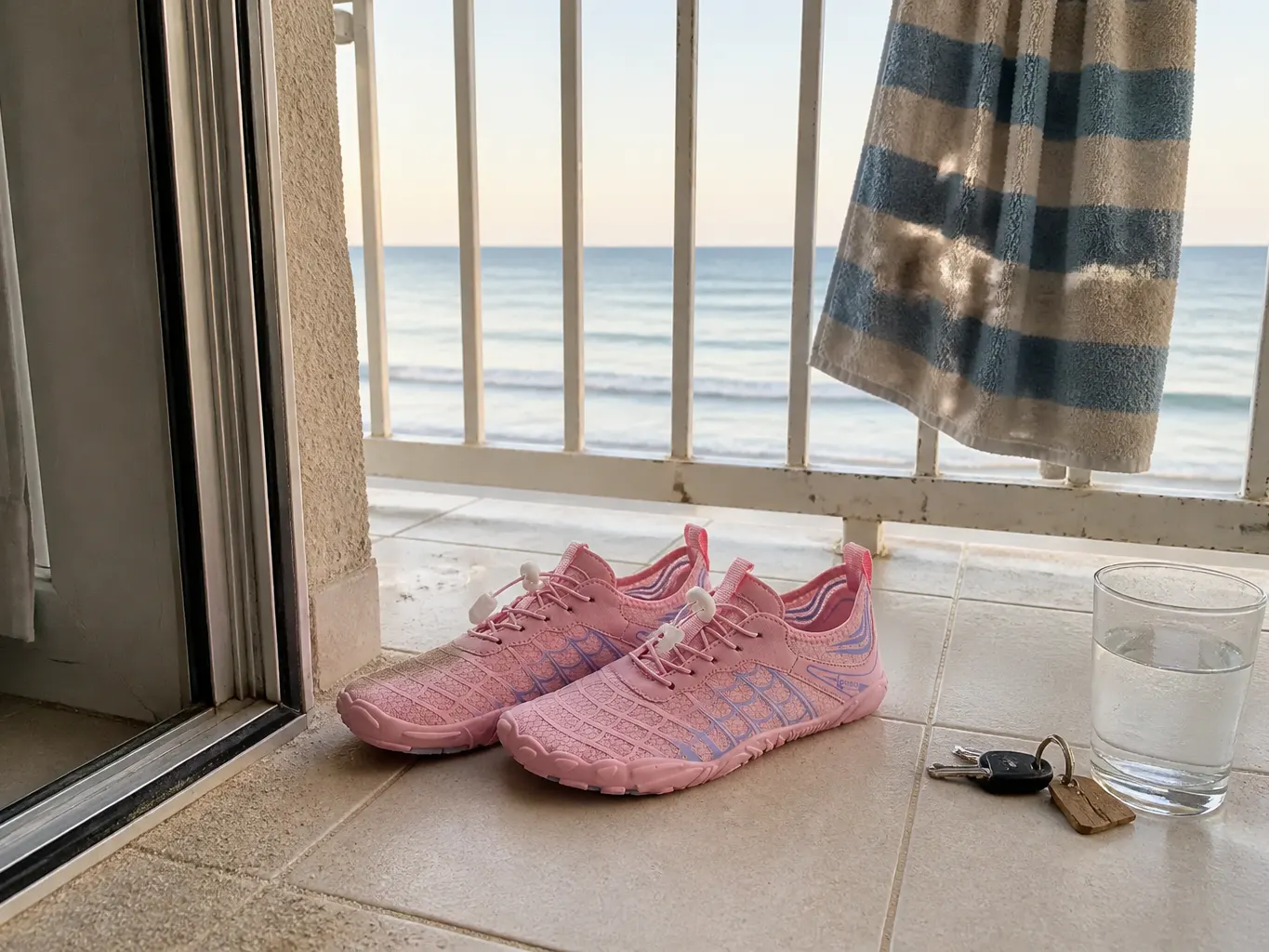Rinsed pair hanging on a hotel balcony rail at dusk