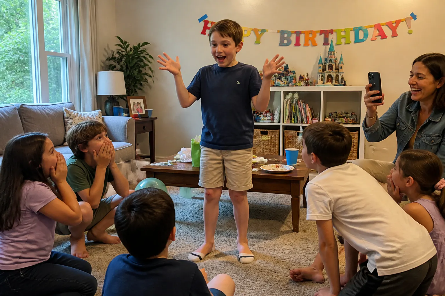 A kid performing the money trick as a party crowd reacts