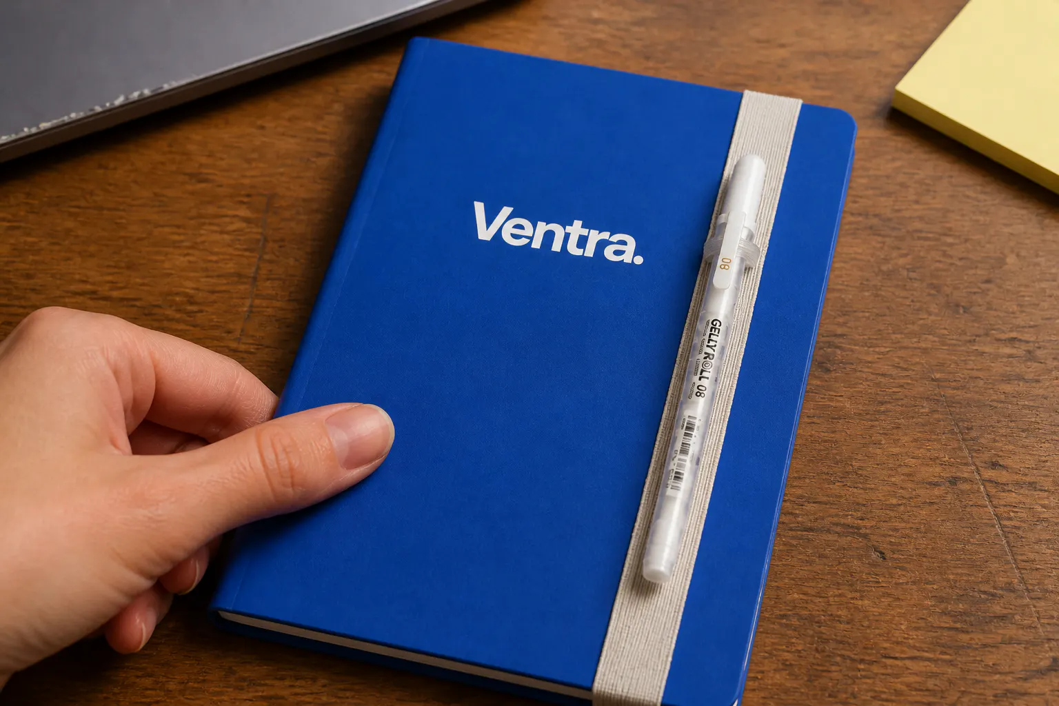 Soft-touch cover, pen on the strap.