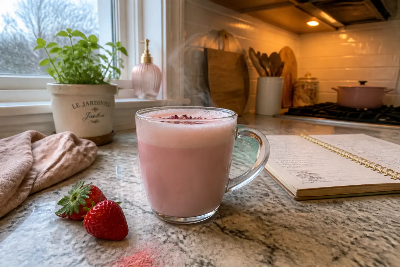 Woman holding a pink latte in a sunny kitchen