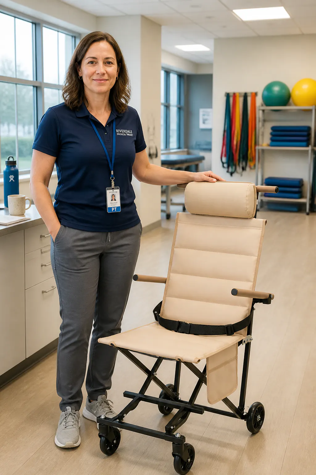 A physical therapist presenting the folding transport chair in an outdoor rehab setting