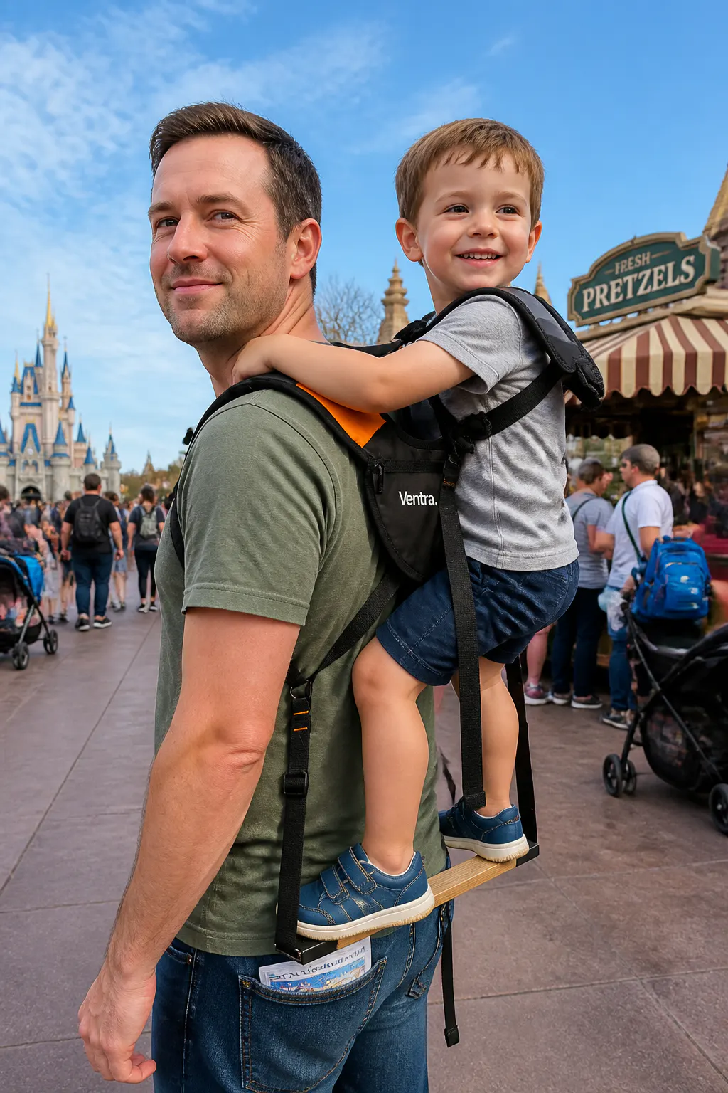 Parent hiking hands-free with a toddler standing clipped in on the Ventra carrier