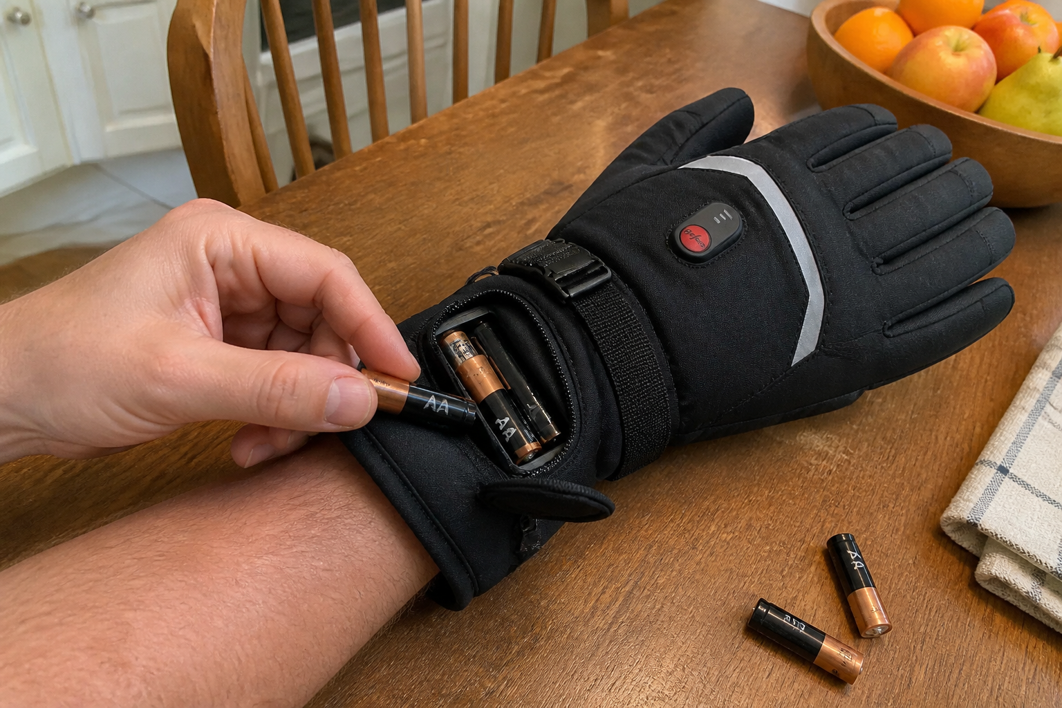 Pressing the heat control button on the glove cuff