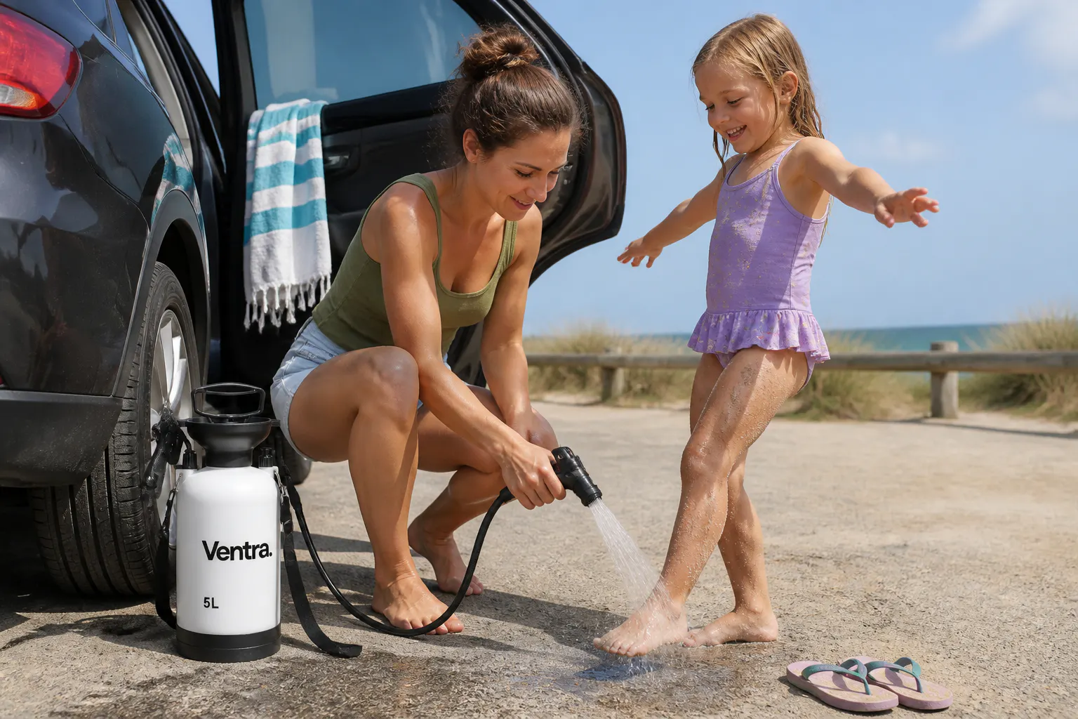 Rinsing sandy feet before the car