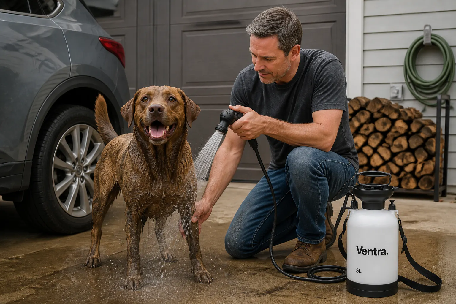 Rinsing a happy dog