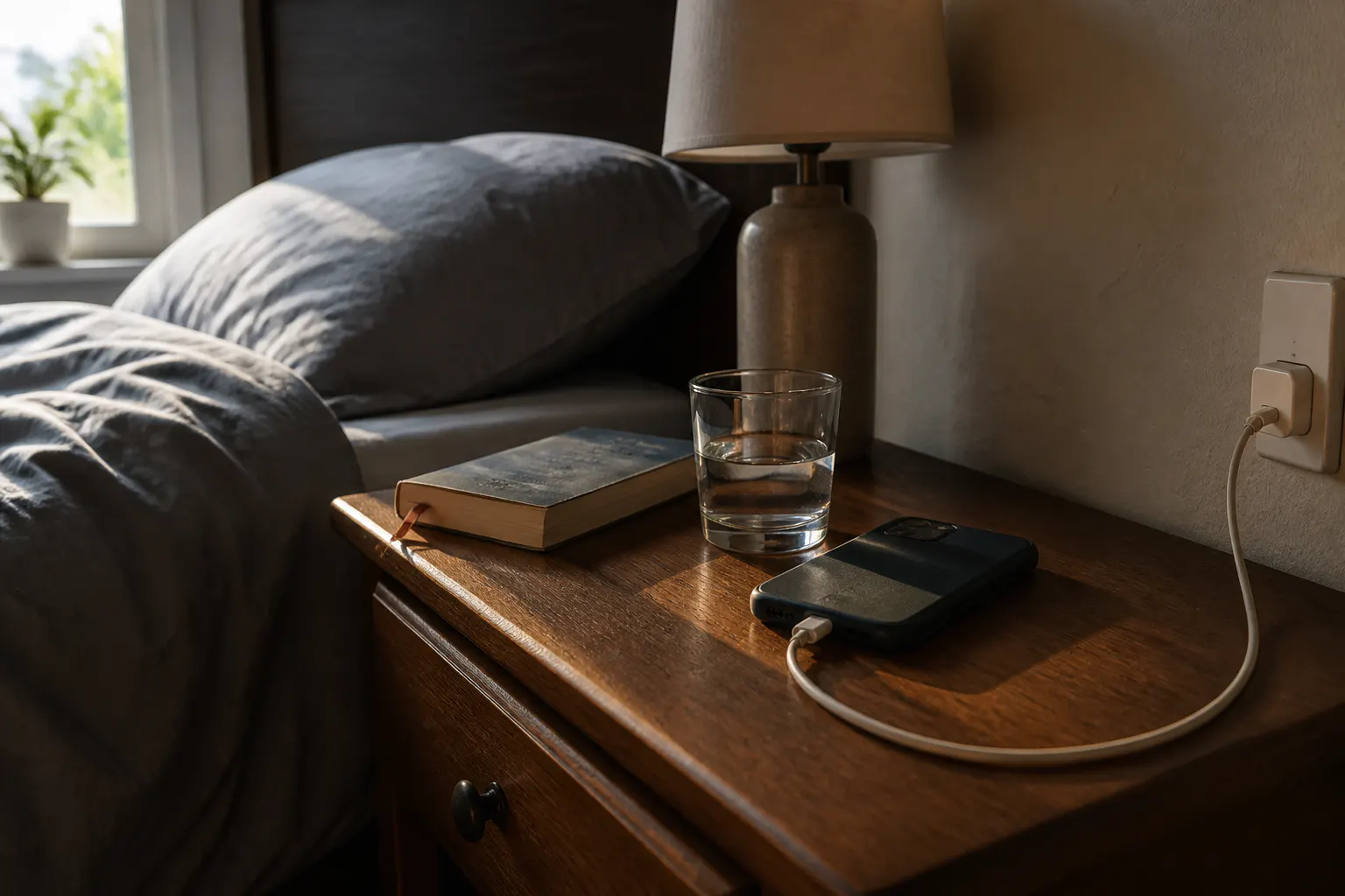 A phone charging calmly overnight on the nightstand, protected