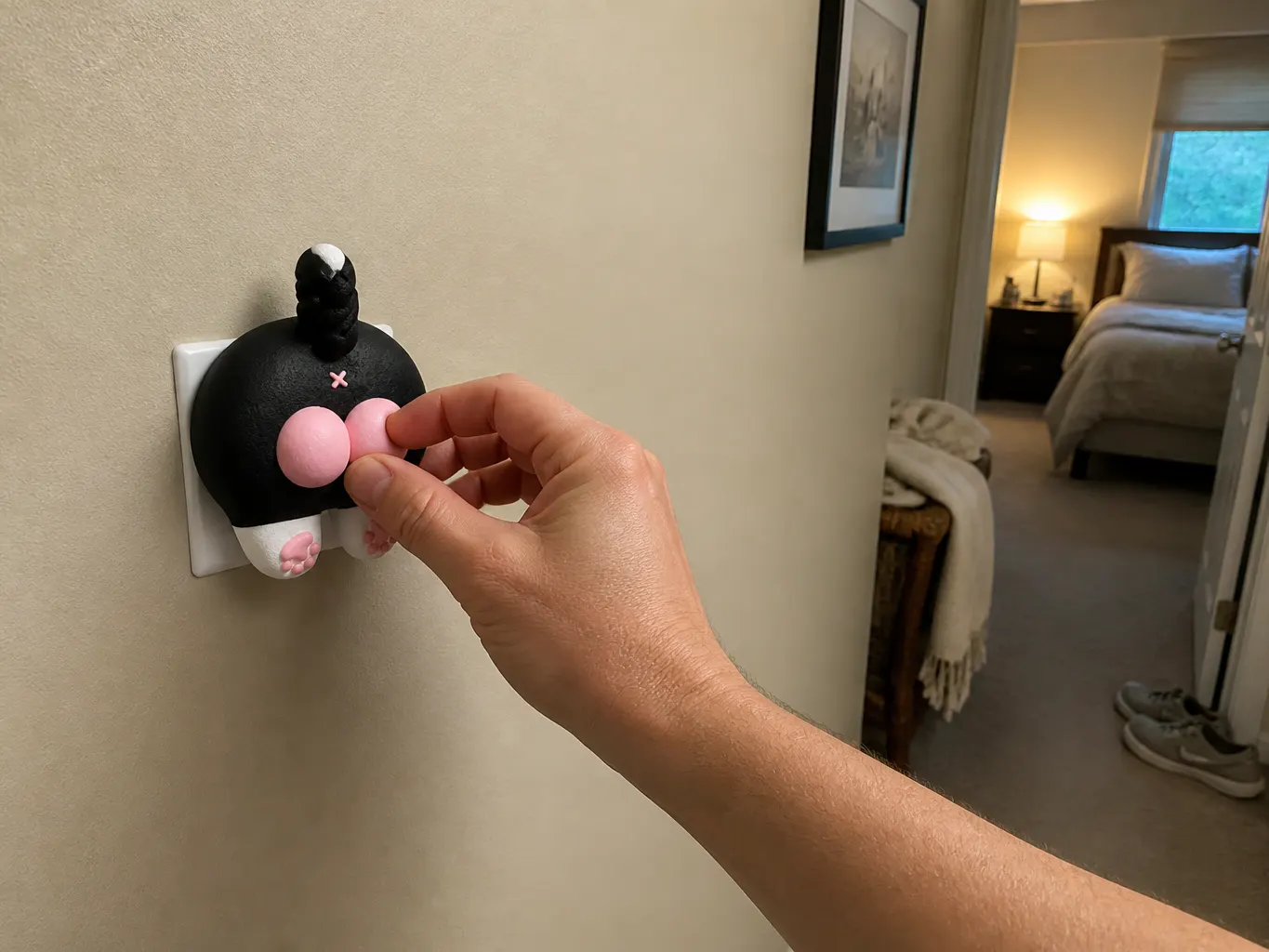 The sculpted animal switch cover on a warm interior wall with a hand pressing a cheek button