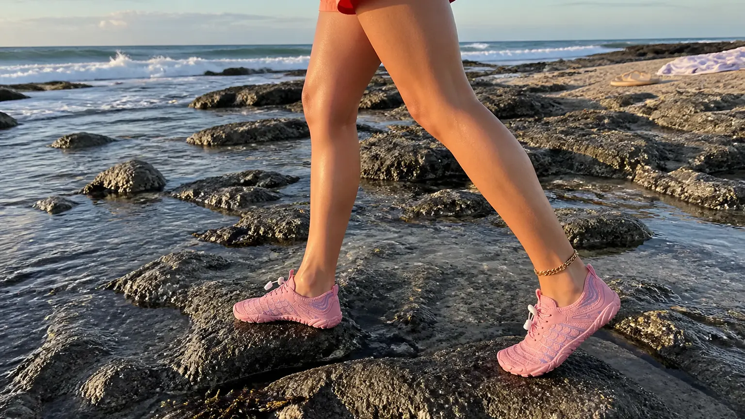 The same rocky shoreline at golden hour, walking in mid-stride