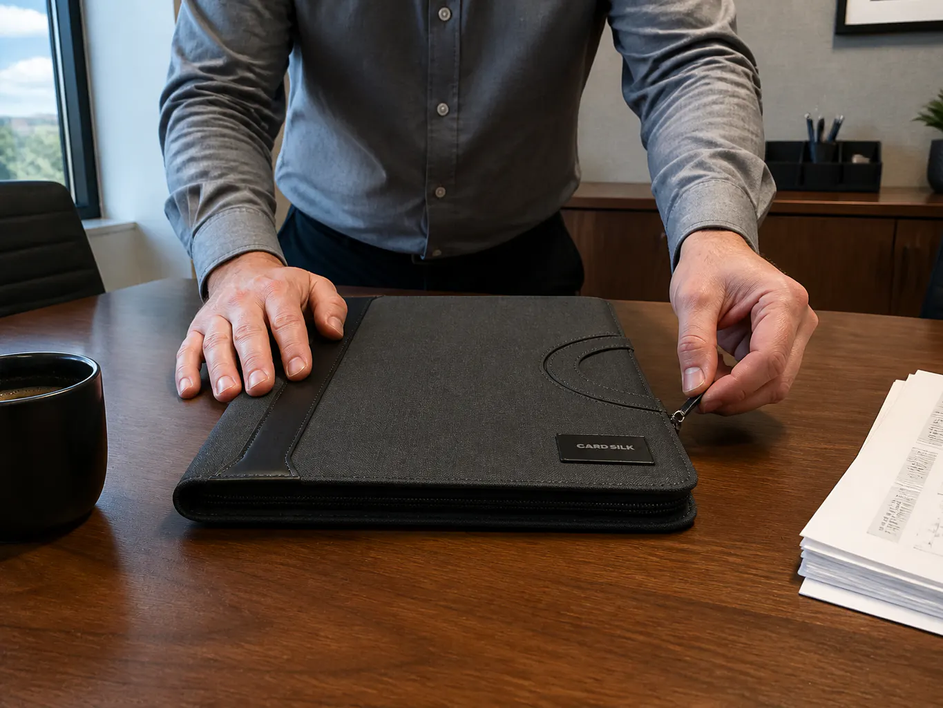 Hands unzipping the padfolio and laying it open flat on a desk