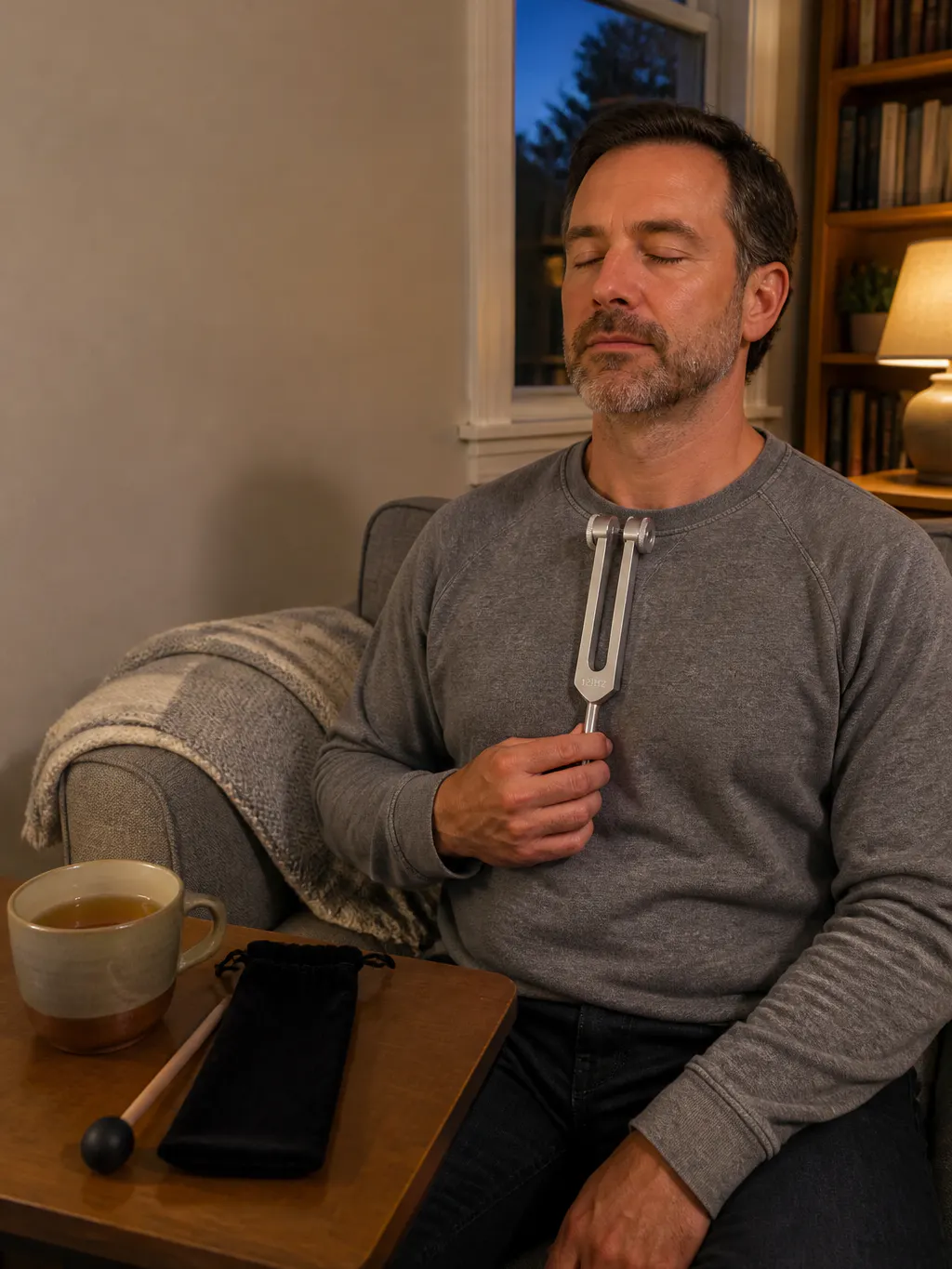 Adult seated on a sofa in warm low evening light, holding the 128Hz tuning fork pressed to the sternum, mallet and velvet pouch on the side table