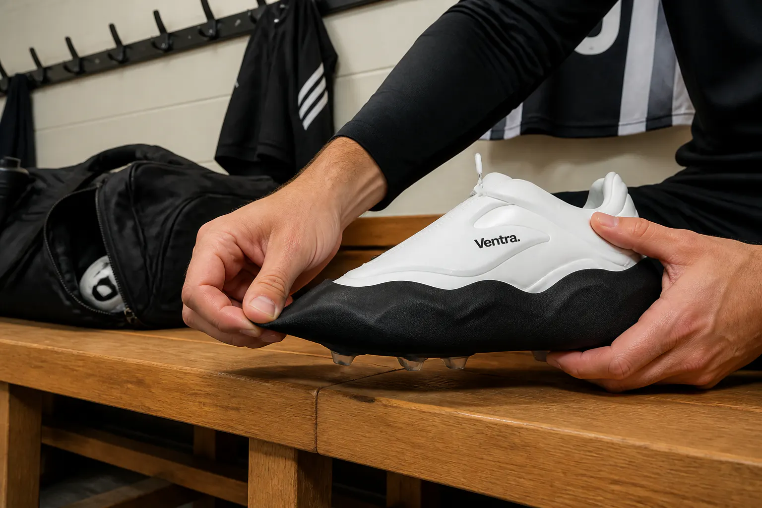 Sliding a matte-black CleatShield cover over the sole of a football boot
