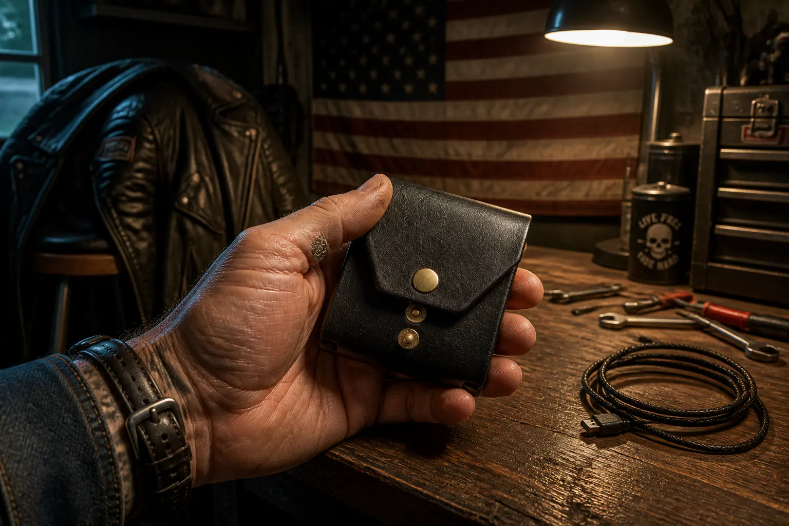 Rugged man's hand holding a leather snap wallet